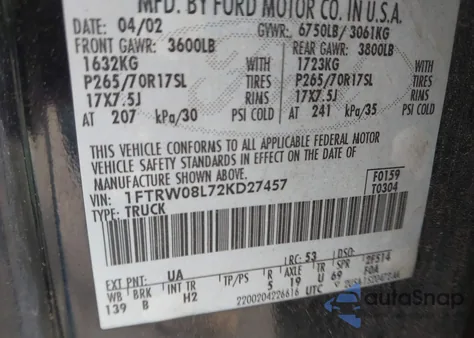 2002 Ford F-150 Lariat/Xlt z USA, uszkodzony, nr VIN 1FTRW08L72KD27457